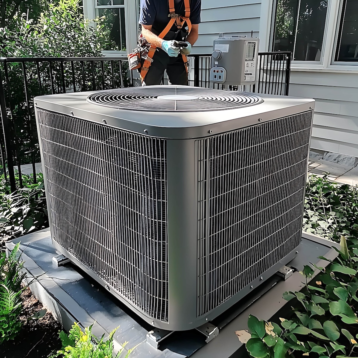 HVAC technician beside a residential heating and cooling unit